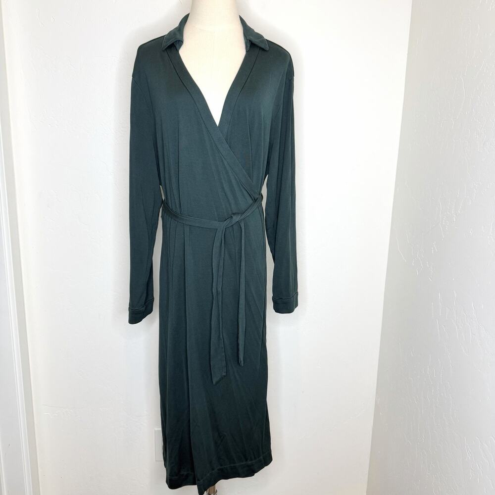 Quince 100% Silk Jersey Midi Wrap Dress Womens XL Evergreen Green Long Sleeve